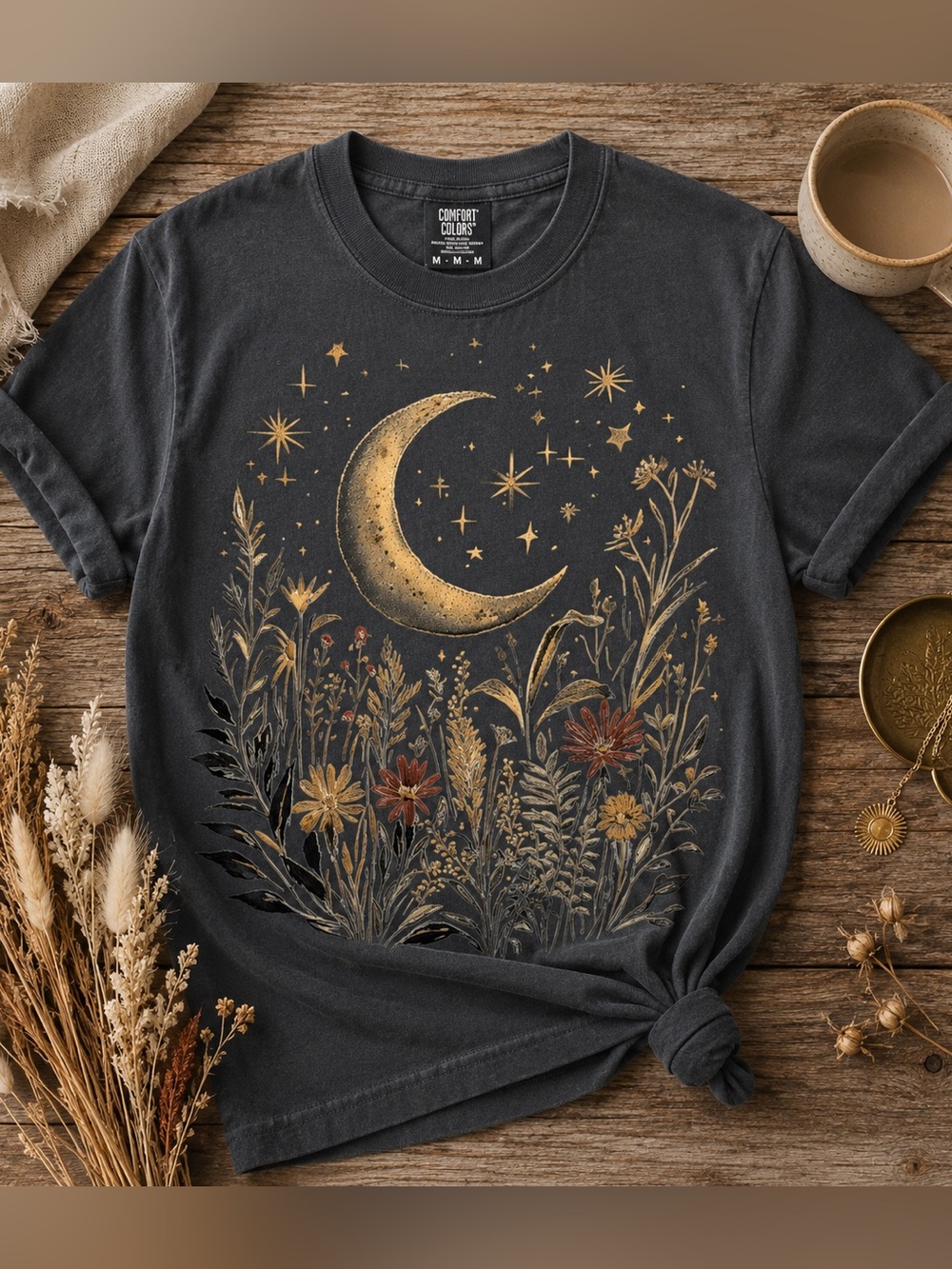 Celestial Moon Wildflower Comfort Colors Tee Boho Botanical Nature Shirt